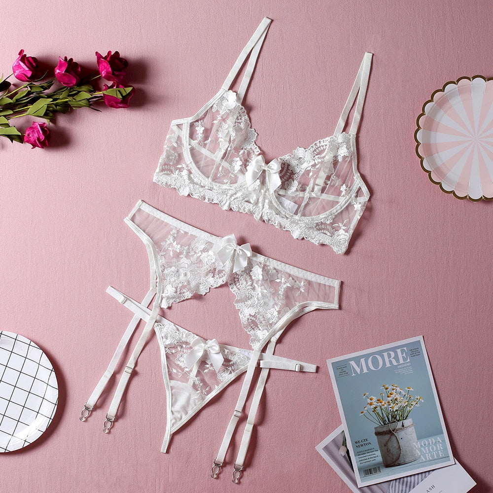Floral Embroidery Thin Transparent Bralette Lace Push Up Bra Garters 3 Piece Sensual Lingerie Set The Clothing Company Sydney