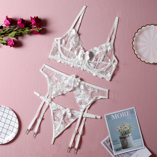 Floral Embroidery Thin Transparent Bralette Lace Push Up Bra Garters 3 Piece Sensual Lingerie Set The Clothing Company Sydney