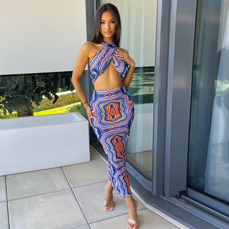 2 Piece Print Halter Cut Out Crop Top Dress Sets Fashion Outfit Summer Top and Skirts Matching Set Club Party Dress The Clothing Company Sydney