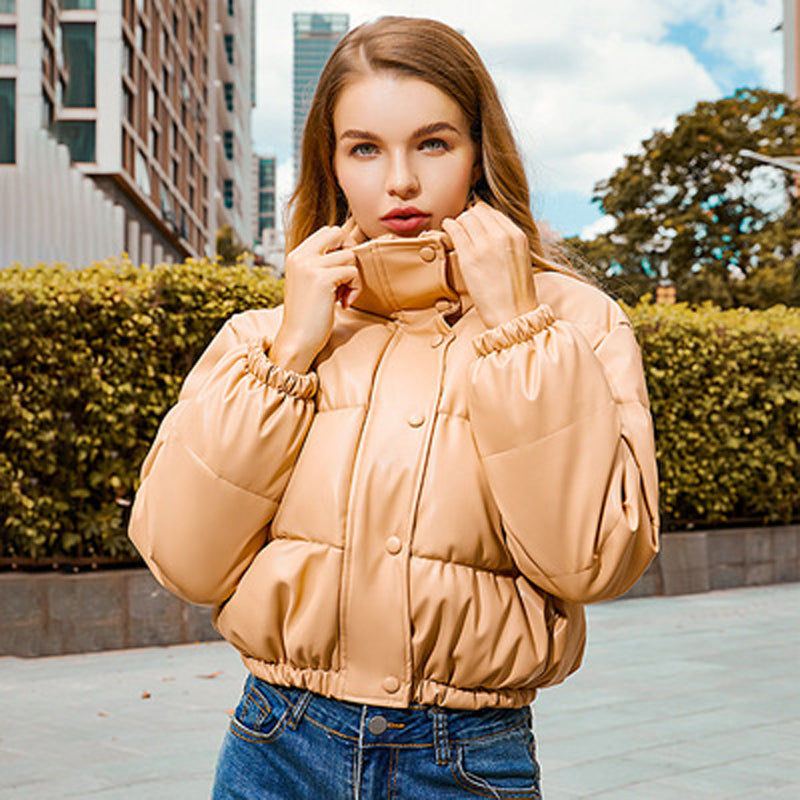 Winter Warm Thick PU Leather Coats Women's Short Parkas Fashion Black Cotton Padded Down Jacket With Elegant Zipper The Clothing Company Sydney