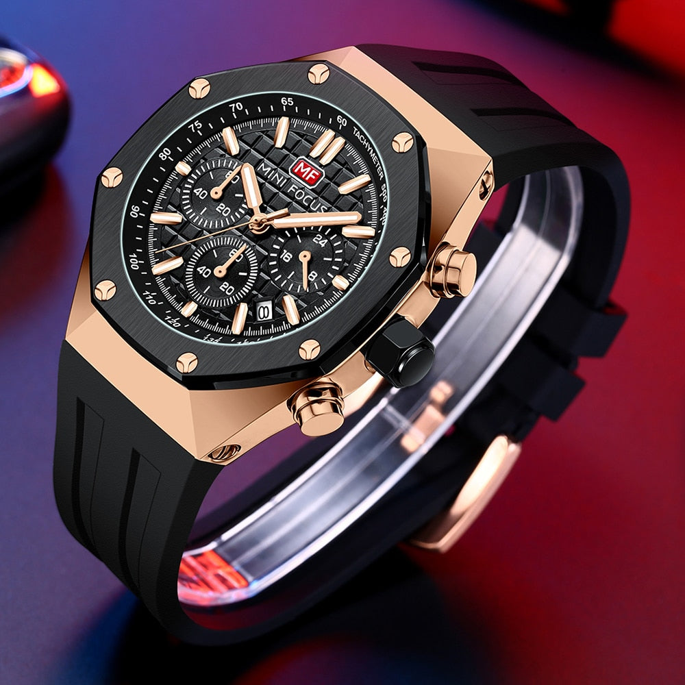 MINI FOCUS Polygon Design Alloy Quartz Wristwatch Luxury Brand Watch Men's High Quality Silicone Chronograph Sports Watch Clothing Company Sydney