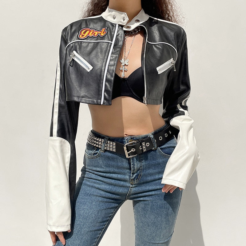 Streetwear Punk Style Patchwork Cropped PU Leather Jacket Women Zipper Autumn Winter Jacket Contrast Color Basic Coat The Clothing Company Sydney