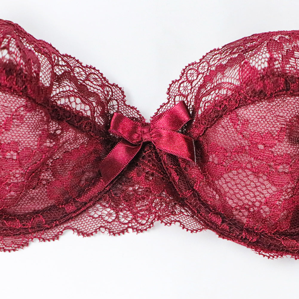 Ultra-Thin Gathered Plus Size Bowknot Floral Underwear Lace Strap Bra + Panties + Garte 3 Piece set The Clothing Company Sydney