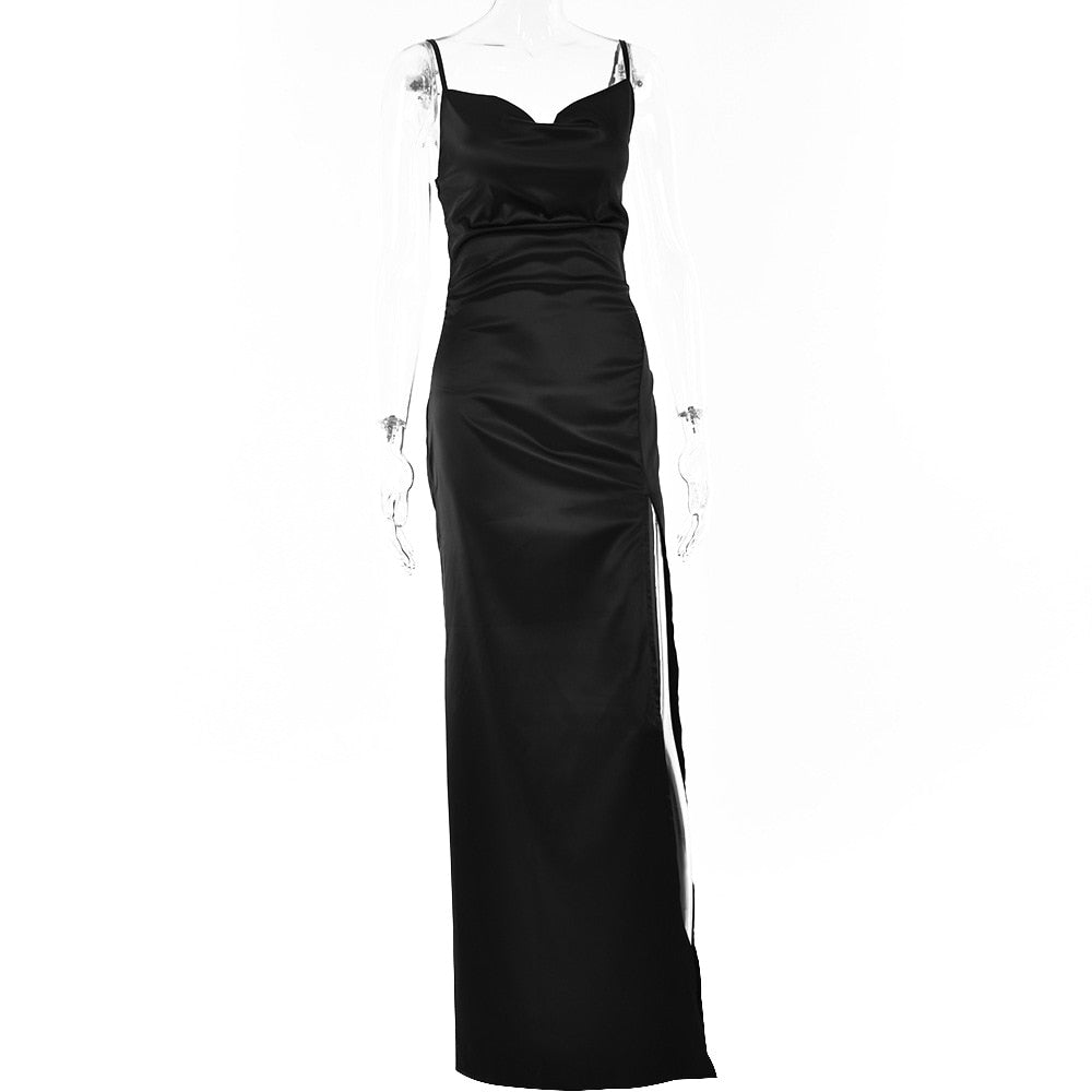 Silky Satin Elegant Slit Maxi Dress Backless Straps Gown Club Party Long Dresses The Clothing Company Sydney