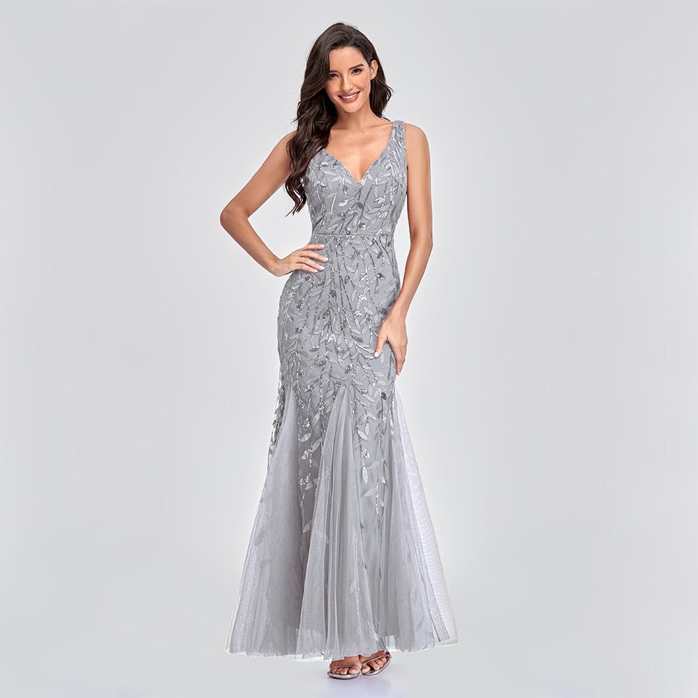 Sleeveless V-neck Tulle Sequins Cocktail V-back Mermaid Party Prom Gown Formal Occasion Embroidered Formal Dress The Clothing Company Sydney