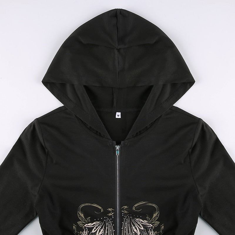 Gothic Grunge Fairycore Wings Printed Graphic Zipper Hooded Bodycon Dark Academia Autumn Mini Dresses Y2K Dress The Clothing Company Sydney