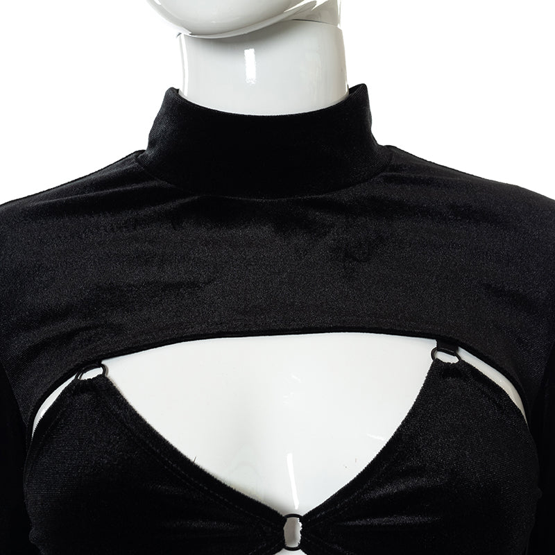 Two Piece Set Women Turtleneck Cut Out Long Sleeve Split Mini Dress+Bandage Lace Up Bra Autumn Goth Y2K Outfit The Clothing Company Sydney