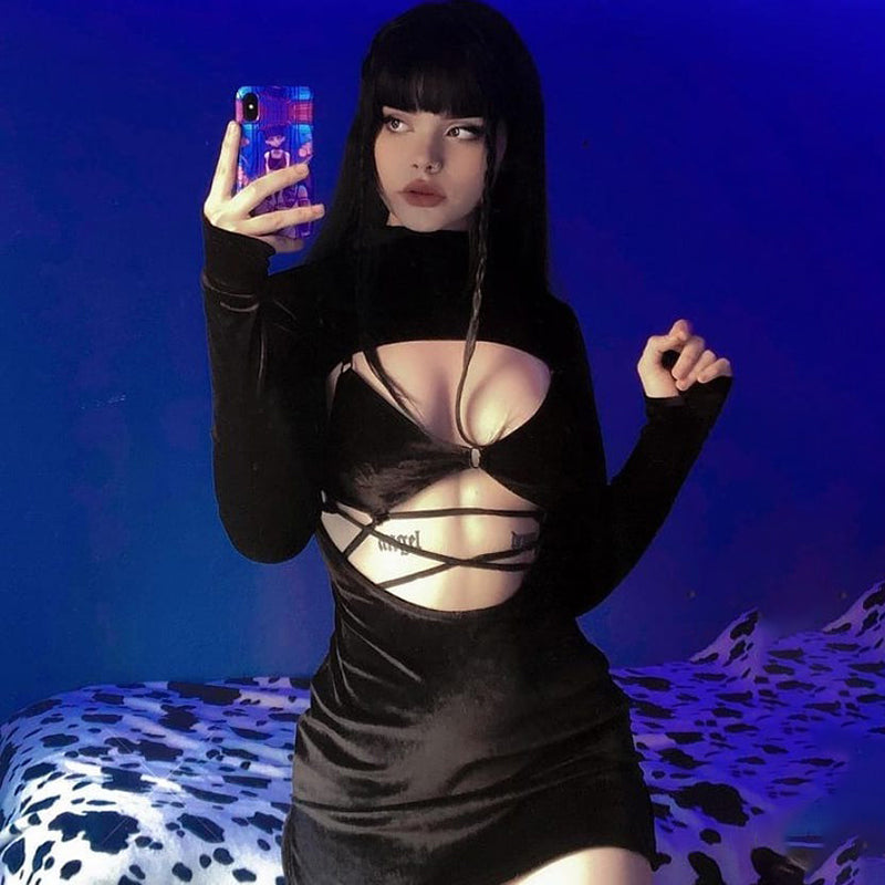 Two Piece Set Women Turtleneck Cut Out Long Sleeve Split Mini Dress+Bandage Lace Up Bra Autumn Goth Y2K Outfit The Clothing Company Sydney