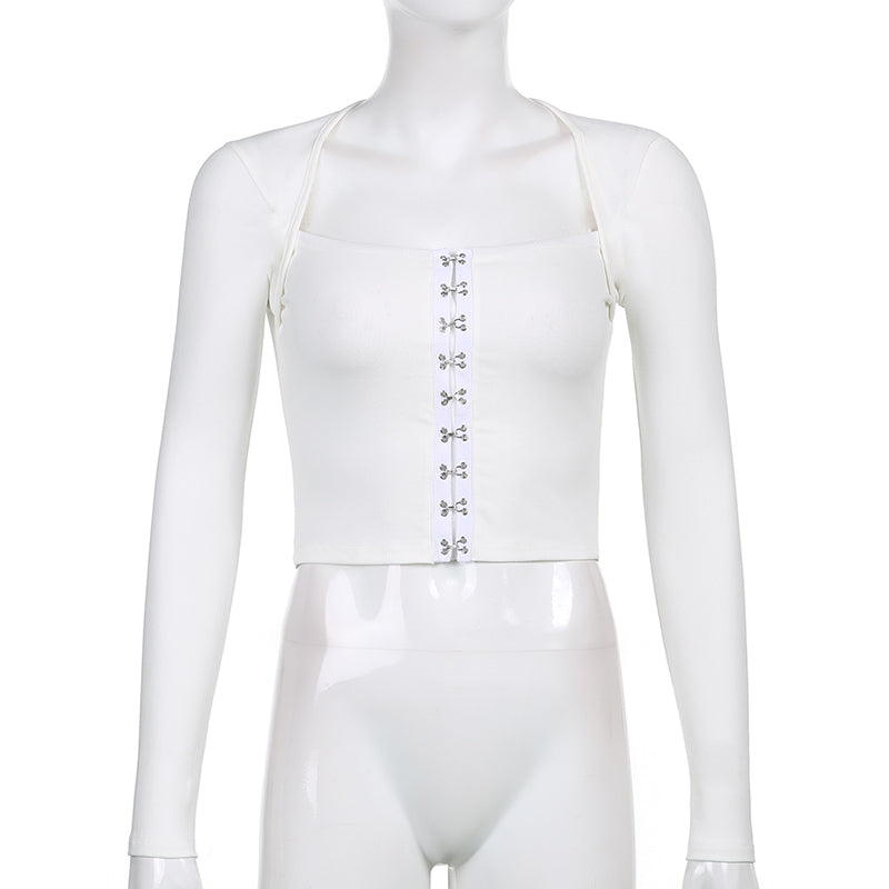 Streetwear Square Neck Hook Cotton Aututmn T-shirts Bodycon Gothic White Crop Tops Tees Long Sleeve T shirt The Clothing Company Sydney