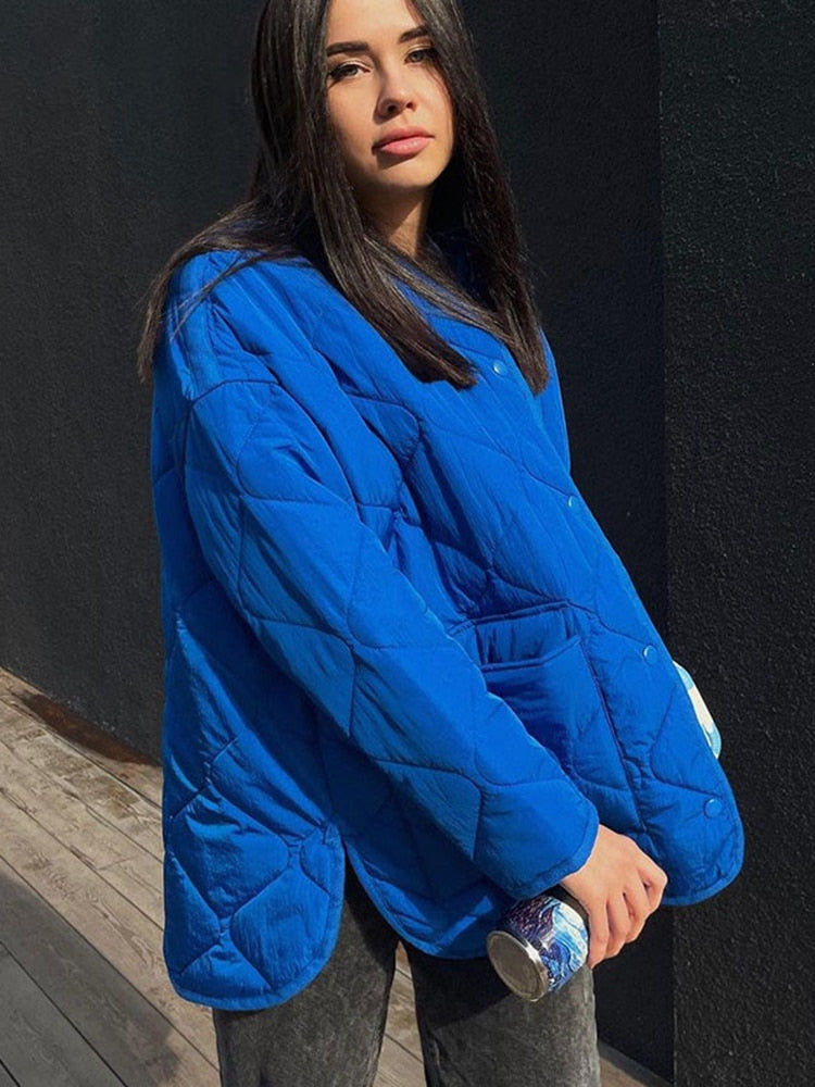 Women's Winter Blue Oversize Puffer Casual Fashion Warm Cotton Button Down Quilted Coat  Loose Jacket The Clothing Company Sydney