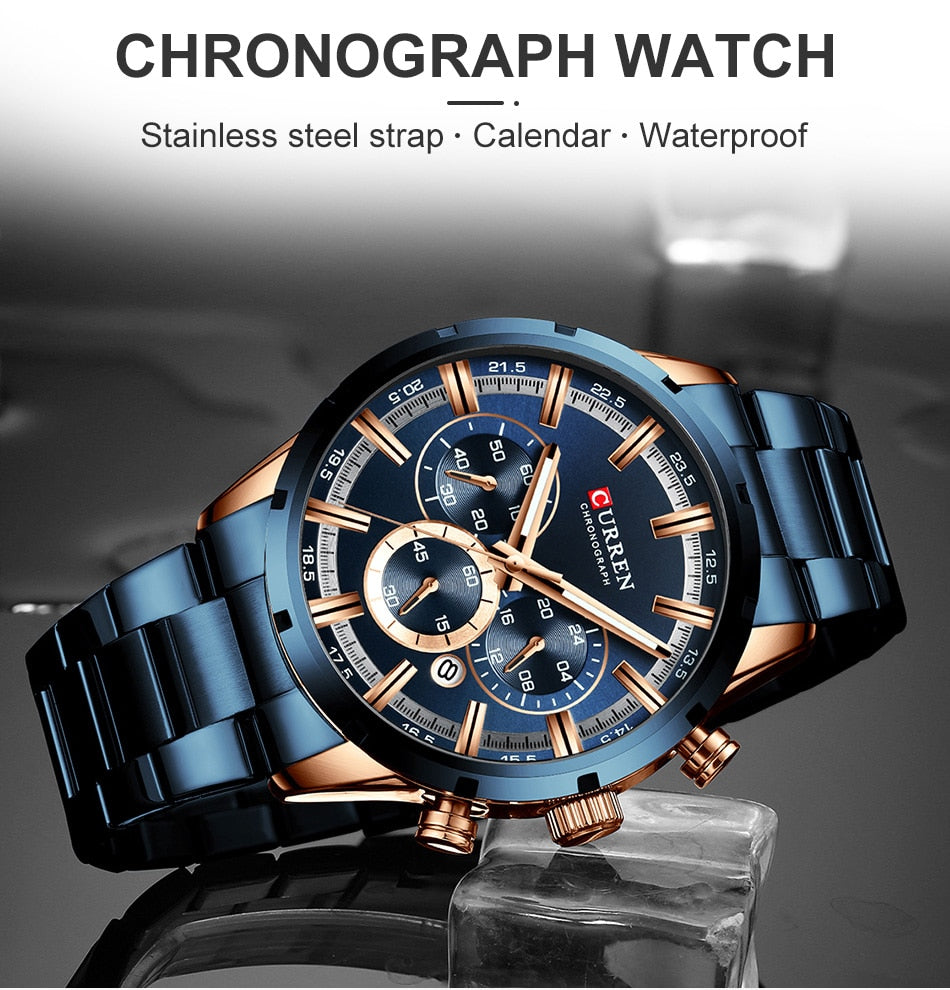 Men's Watch Luxury Sports Quartz Mens Watches Full Steel Waterproof Chronograph Wristwatch The Clothing Company Sydney