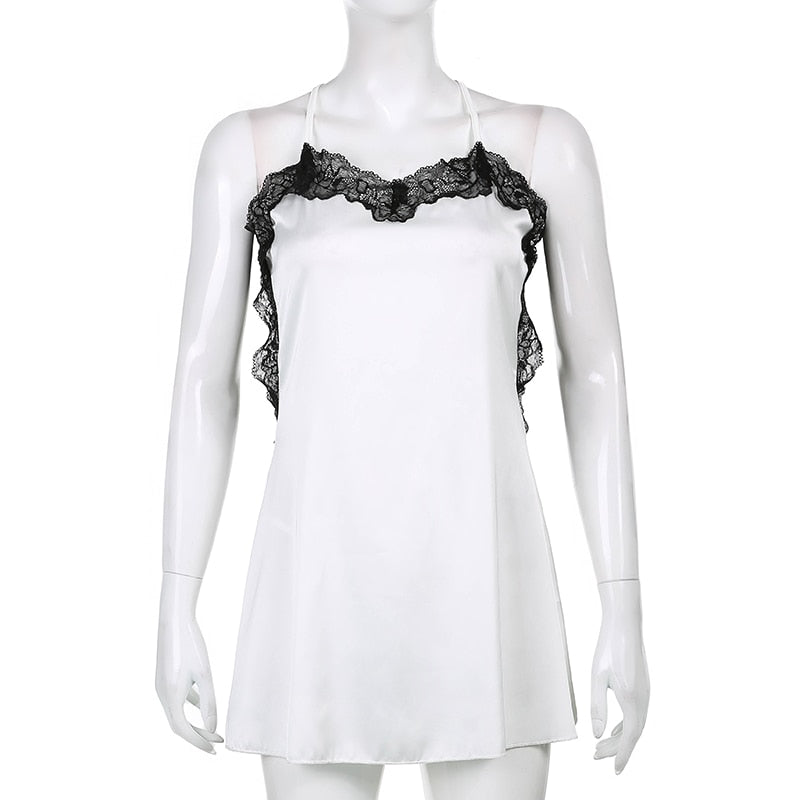 V Neck Lace Trim A-Line Satin White Dress Fashion Strap Mini Summer Dress Backless Party Dresses The Clothing Company Sydney