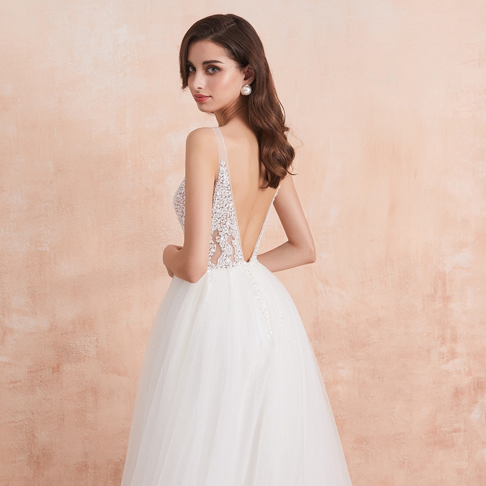 V Neck Wedding Dress White Ivory High Split Beaded Beading Pearls Crystal A Line Backless Bridal Gown The Clothing Company Sydney