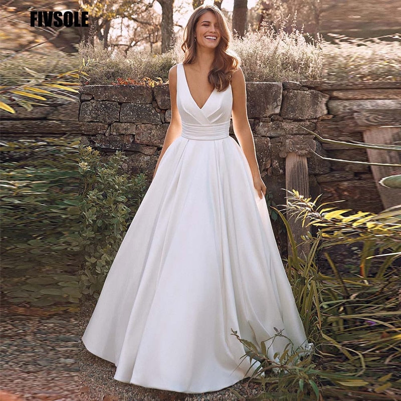 Sleeveless Strap A-Line Deep V Neck Wedding Dress Simple Satin Court Train Wedding Bride Dress The Clothing Company Sydney