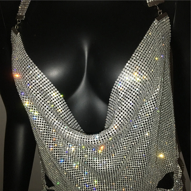 Gold Silver Rhinestone Tassel Chain Dress Women Hip High Split Luxury Party Halter Beach Nightclub Dress The Clothing Company Sydney