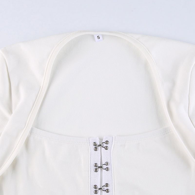 Streetwear Square Neck Hook Cotton Aututmn T-shirts Bodycon Gothic White Crop Tops Tees Long Sleeve T shirt The Clothing Company Sydney