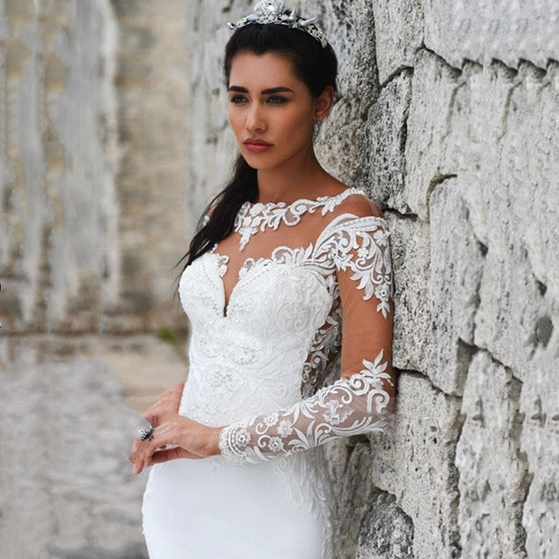 Elegant Scoop Mermaid Wedding Dresses Long Sleeves Illusion Back Buttons Lace Applique Train Gown The Clothing Company Sydney