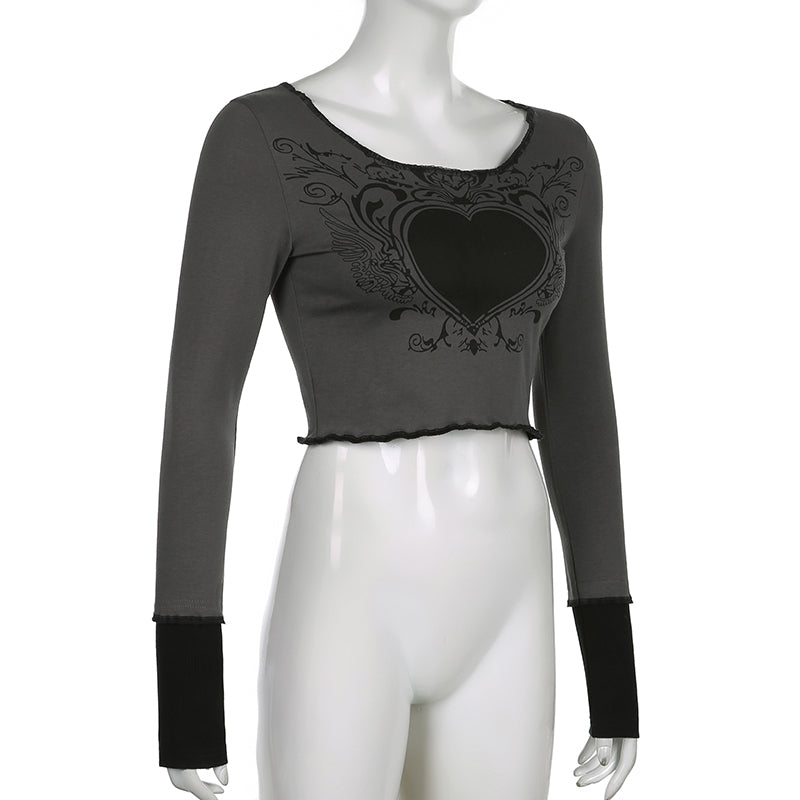 Grunge Retro Fashion Heart Printed Autumn T-shirts for Women Crop Top Dark Academia Gothic Clothes Aesthetic T shirt The Clothing Company Sydney