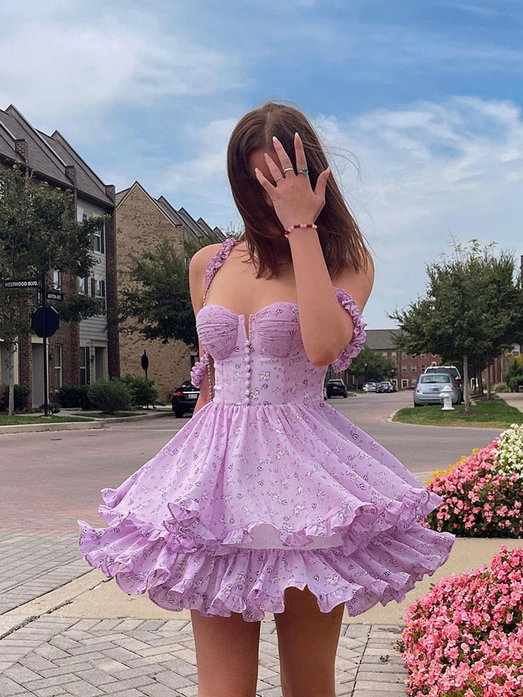 Ruffle Mini Dresses Floral Print Purple Button Sleeveless Y2K Women Casual Fashion Elegant Party Dresses The Clothing Company Sydney