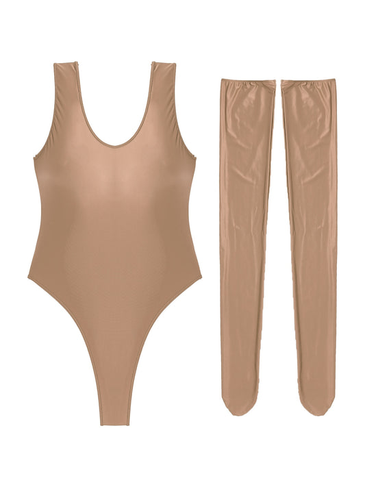 Women's Glossy Stretchy Swimming Suit Swimwear Swimsuit Sleeveless High Cut Slim Fit Bodysuit with Stocking Outfits Clubwear The Clothing Company Sydney