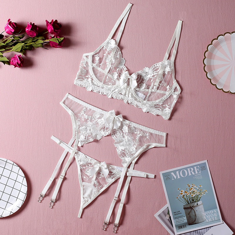 Floral Embroidery Thin Transparent Bralette Lace Push Up Bra Garters 3 Piece Sensual Lingerie Set The Clothing Company Sydney