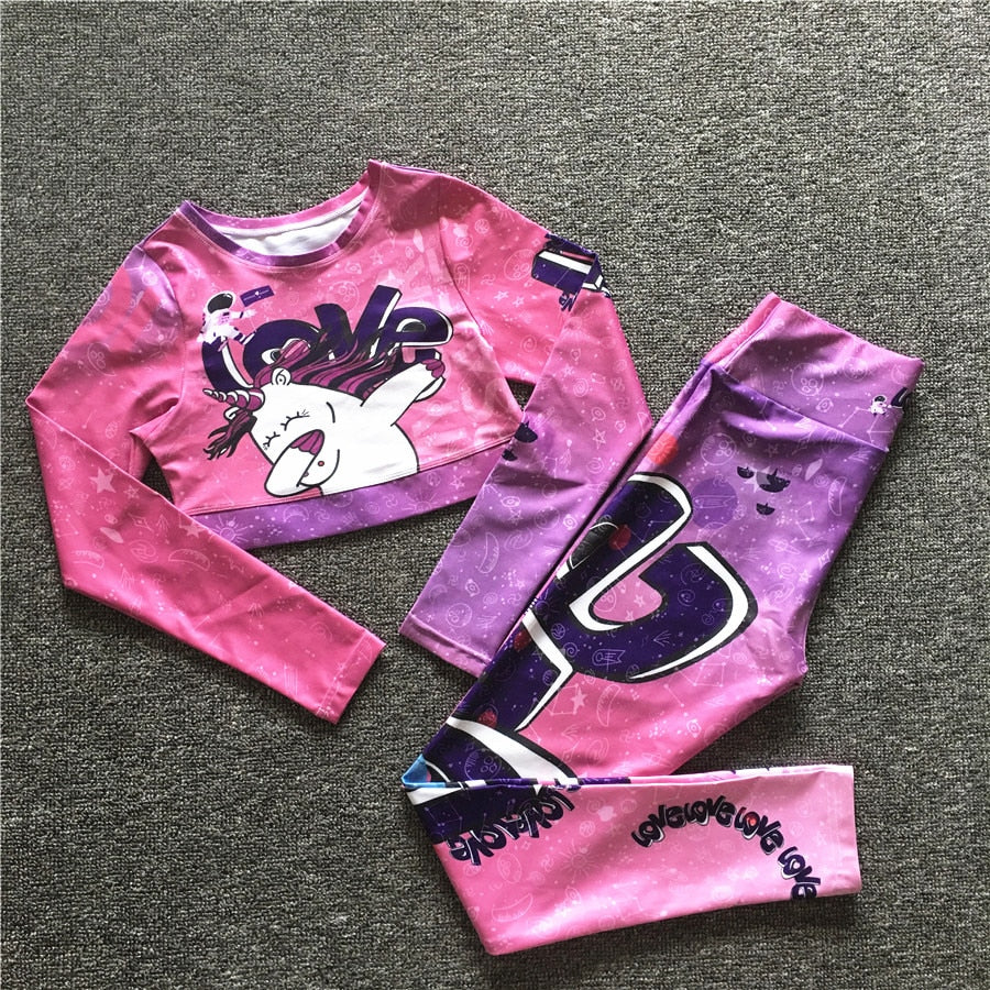 Cartoon Print Pink Two 2 Piece Long Sleeve Crop Top T Shirt Sport Pant Sportsuit Workout Active Outfit Fitness Gym Sport Sets The Clothing Company Sydney
