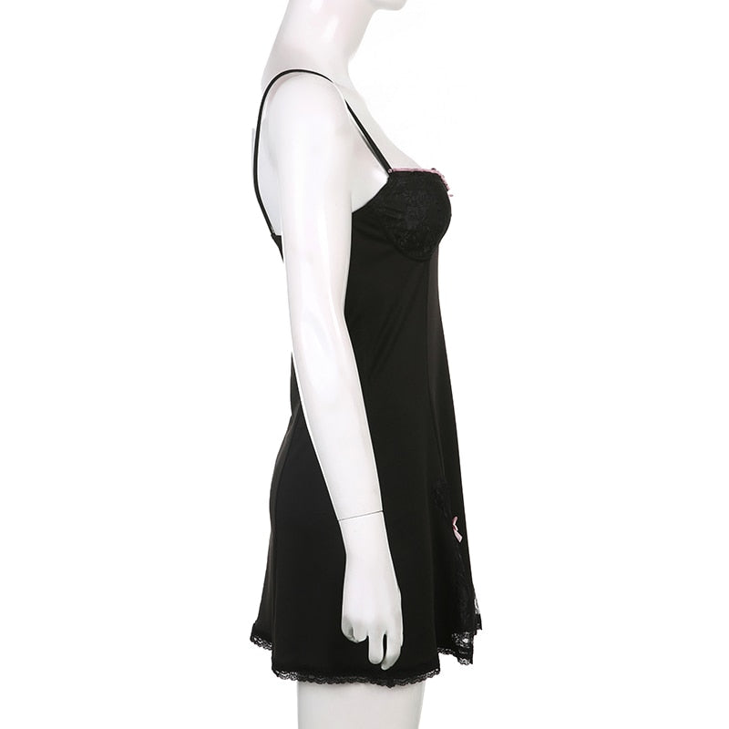 Y2K Retro Lace Patchwork Strap Bow Black Dress Mini Fashion Aesthetic Bow Club Party Dresses for Women Outfits The Clothing Company Sydney