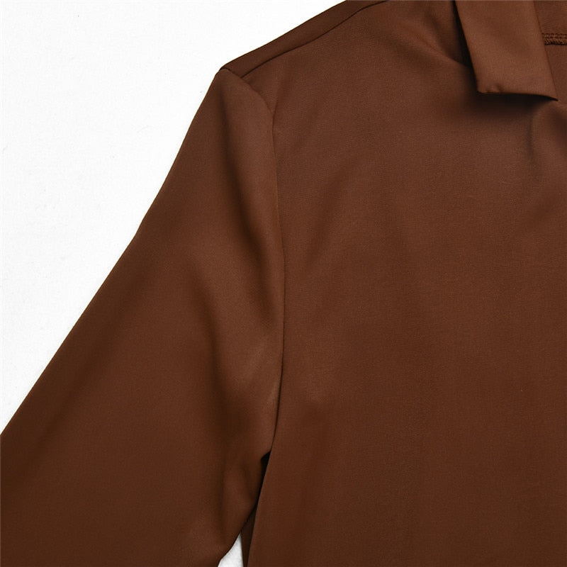 Turn-down Collar Button Two Piece Set Brown Long Sleeve Top High Waist Skirt Women Autumn Slim Office Outfits The Clothing Company Sydney
