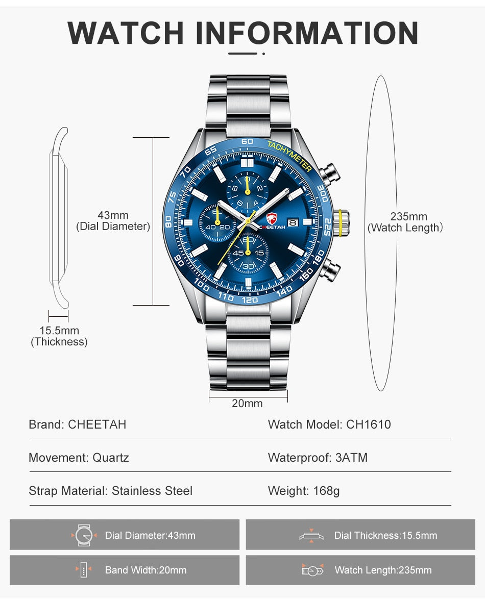 CHEETAH Men's Top Luxury Brand Stainless Steel Business Quartz Watches Chronograph Casual Sport Wrist Watches for Men The Clothing Company Sydney