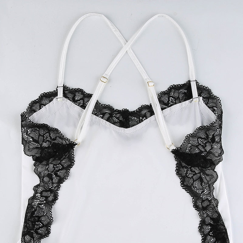 V Neck Lace Trim A-Line Satin White Dress Fashion Strap Mini Summer Dress Backless Party Dresses The Clothing Company Sydney