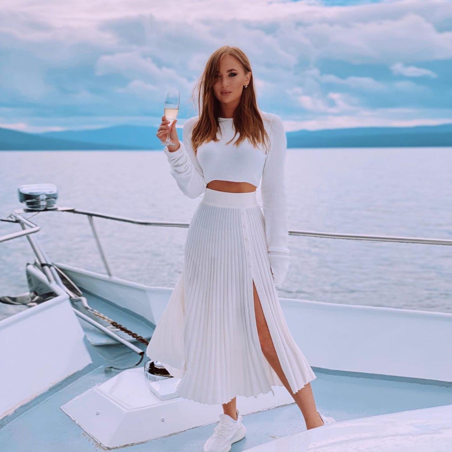 2 Piece Sweater Cropped Top Midi Skirt Matching Set Outfits Button Up Split Skirt Set The Clothing Company Sydney