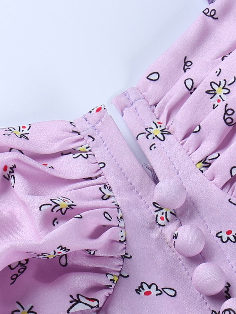 Ruffle Mini Dresses Floral Print Purple Button Sleeveless Y2K Women Casual Fashion Elegant Party Dresses The Clothing Company Sydney