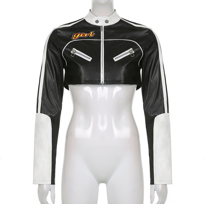 Streetwear Punk Style Patchwork Cropped PU Leather Jacket Women Zipper Autumn Winter Jacket Contrast Color Basic Coat The Clothing Company Sydney