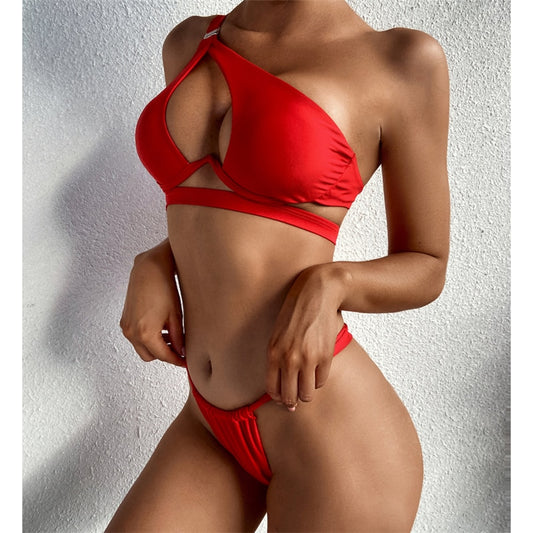 Hollow Out Swimwear Push Up Bikini One Shoulder Solid Thong Swimsuit 2 Piece Micro Bather Suit The Clothing Company Sydney