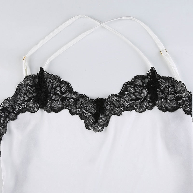 V Neck Lace Trim A-Line Satin White Dress Fashion Strap Mini Summer Dress Backless Party Dresses The Clothing Company Sydney