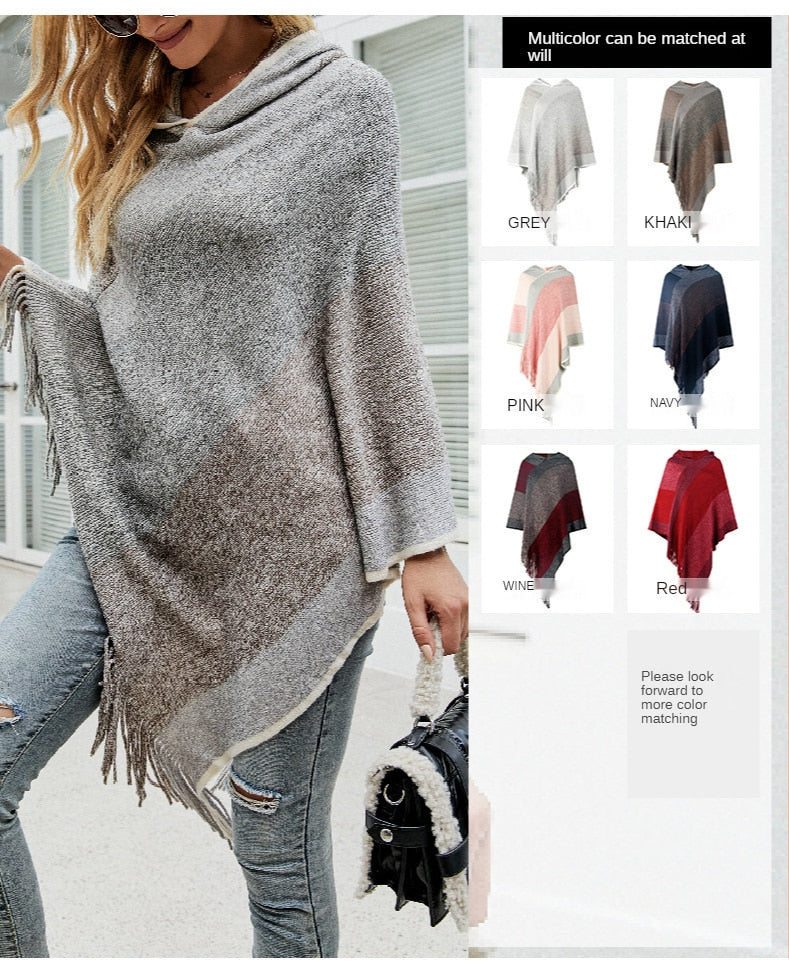 Autumn Winter Women Sweaters Poncho Knitting Capes Cloak Sweater V-Neck Irregular Hem Tassels Coat Color-block Knitted Pullover The Clothing Company Sydney