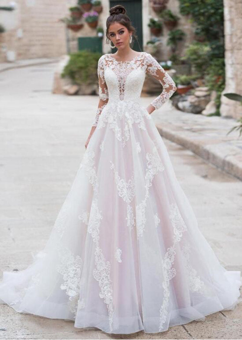 Boho A-line Wedding Dresses Pink Long Sleeves Lace Appliques Tull Bridal Dress Wedding Gown The Clothing Company Sydney