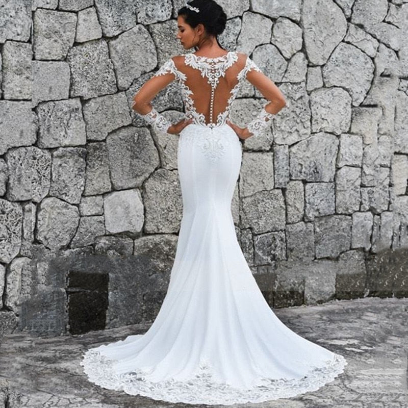Elegant Scoop Mermaid Wedding Dresses Long Sleeves Illusion Back Buttons Lace Applique Train Gown The Clothing Company Sydney