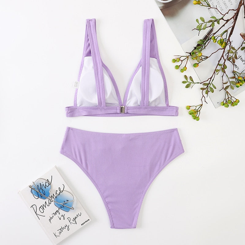 2 Piece Ribbed Bikini Women Swimsuit High Waist Swimwear V-neck Biquini Push Up Bathing Suit Women Black Bikini Set The Clothing Company Sydney