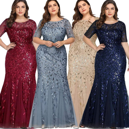 Plus Size Sequin Mesh Mermaid Slim Evening Beaded Leaves Pattern Formal Elegant Party Prom Gowns Short Sleeve Dress The Clothing Company Sydney