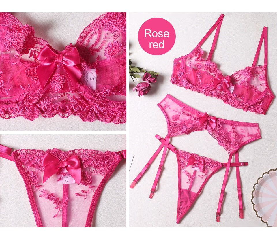 Floral Embroidery Thin Transparent Bralette Lace Push Up Bra Garters 3 Piece Sensual Lingerie Set The Clothing Company Sydney