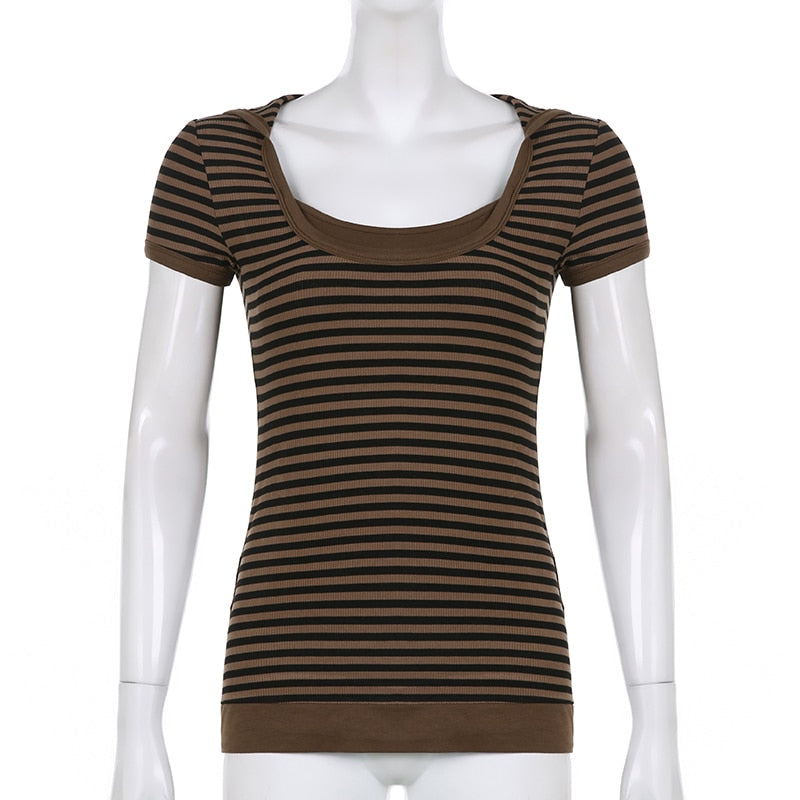 Y2K Striped Crop Top Hooded Short Sleeve T Shirt Women's Cute Retro Brown Summer Tee Casual Tshirt The Clothing Company Sydney