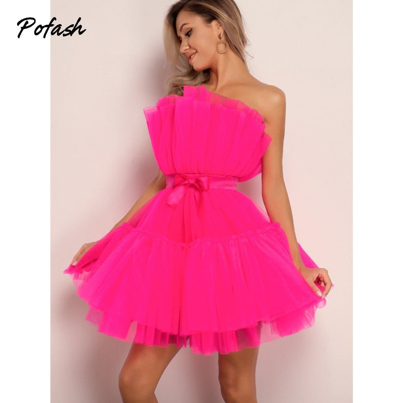 Mesh Solid Bow Mini Dress Women Layered Strapless Ball Gown Sexy Party Club Dress Backless Summer Dress The Clothing Company Sydney