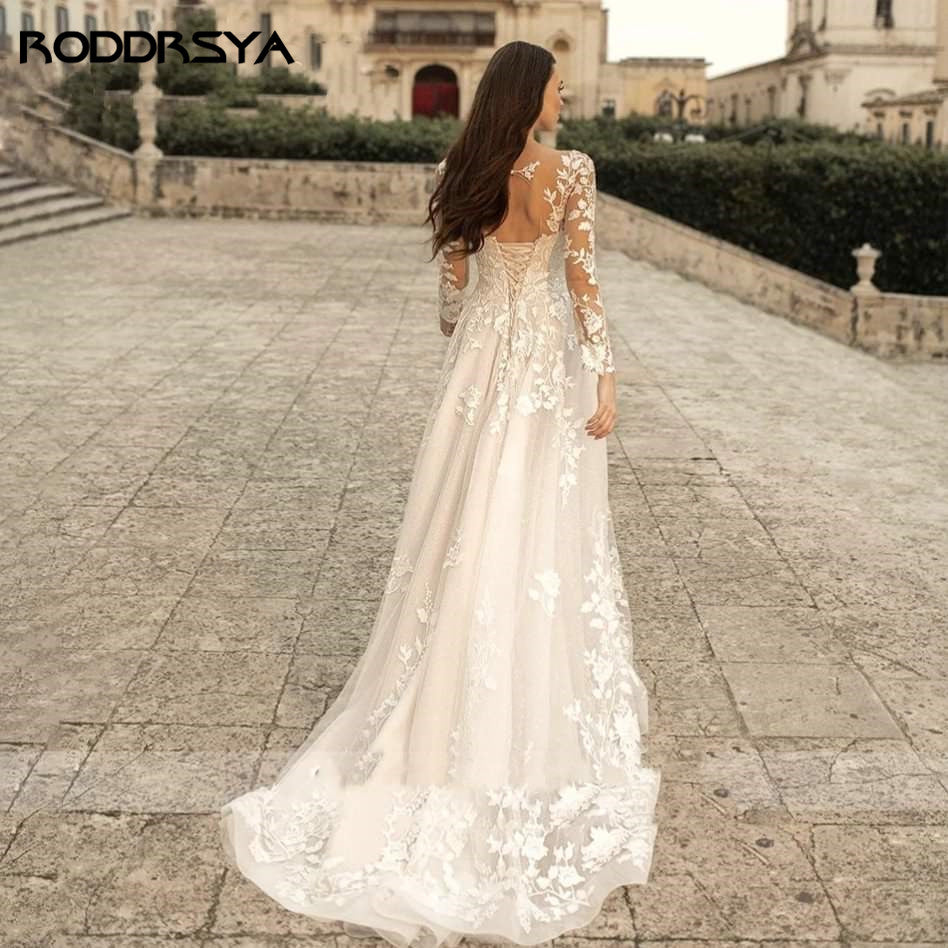 Elegant O-Neck Wedding Lace A-Line Boho Long Sleeves Wedding Bride Gowns Dress The Clothing Company Sydney