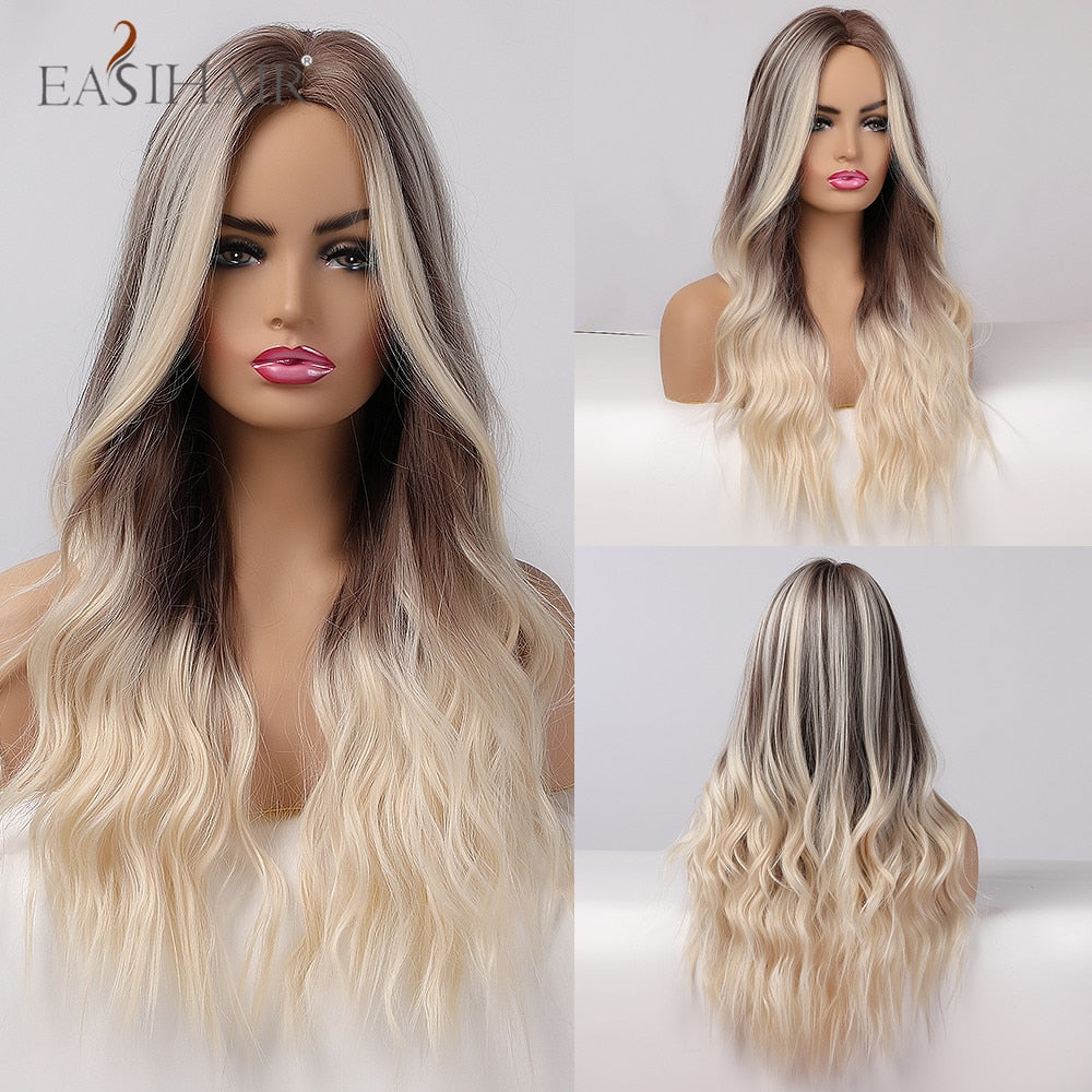 Ombre Brown Light Blonde Platinum Long Wavy Middle Part Hair Wig Cosplay Natural Heat Resistant Synthetic Wig for Women The Clothing Company Sydney