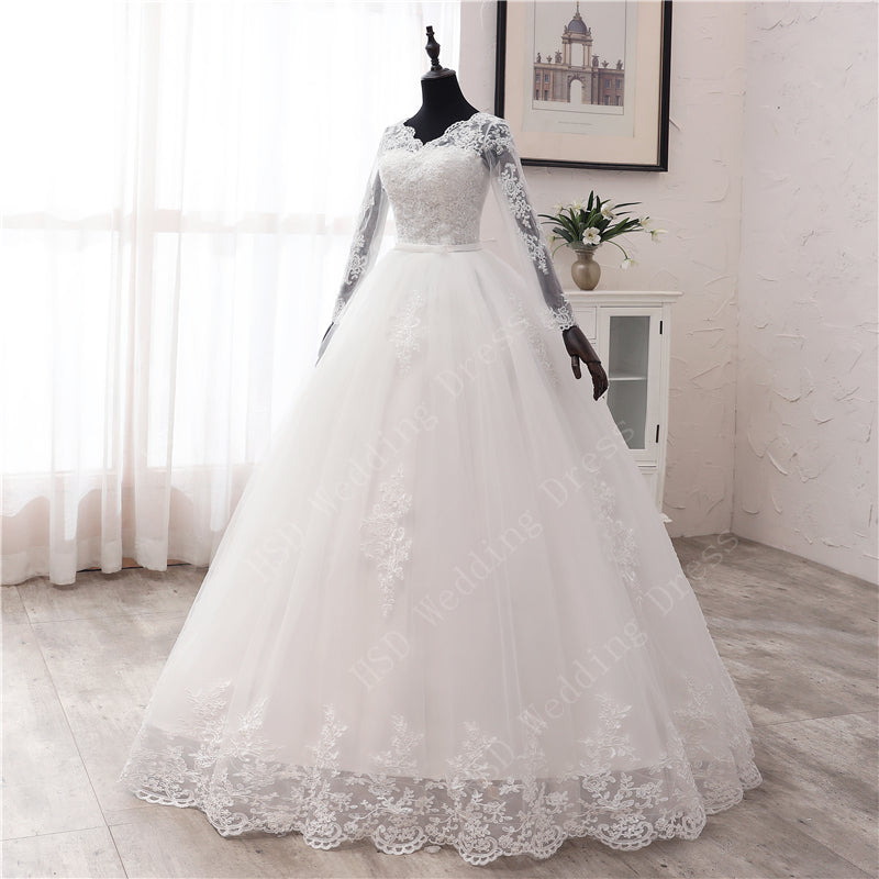 Spring Lace Appliques Wedding Dresses Long Sleeve White V-Neck Princess Bride Wedding Gowns Plus Size The Clothing Company Sydney