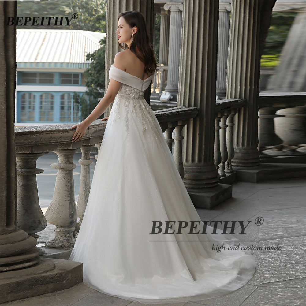 Off The Shoulder Ivory Boho Wedding Dresses A Line Chic Beading Lace UK Bride Bridal Gown The Clothing Company Sydney