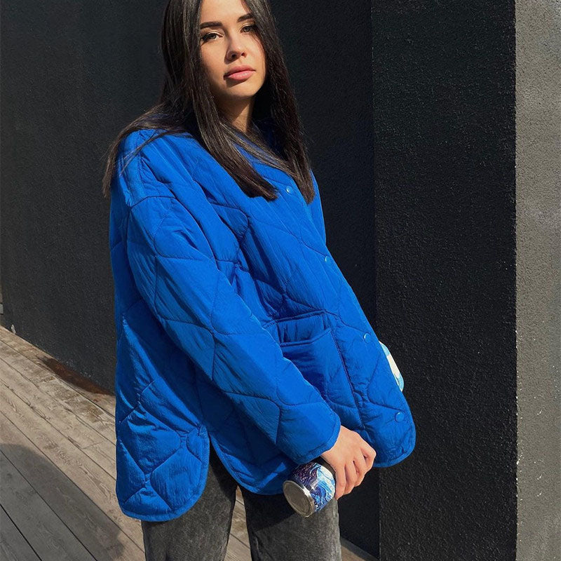 Women's Winter Blue Oversize Puffer Casual Fashion Warm Cotton Button Down Quilted Coat  Loose Jacket The Clothing Company Sydney