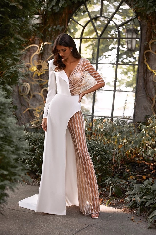 Jumpsuit Wedding Dresses Pants Suit Wedding Party Bridal Gown Illusion Tulle Long Sleeve V-Neck Sweep Train Open Back Bridal Outfit The Clothing Company Sydney