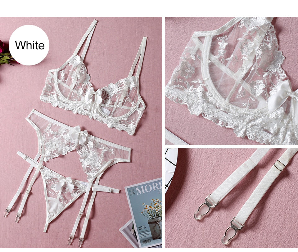 Floral Embroidery Thin Transparent Bralette Lace Push Up Bra Garters 3 Piece Sensual Lingerie Set The Clothing Company Sydney